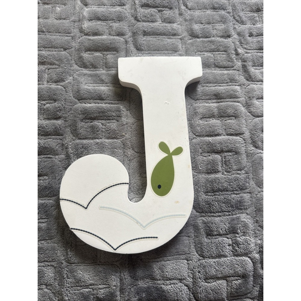 9x6 White Wooden Letter J With Fish Decor